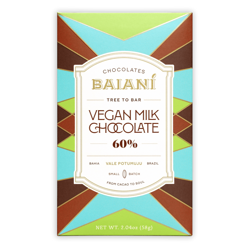 Baiani Vegan Milk Chocolate 60% bar wrapper with tree to bar label