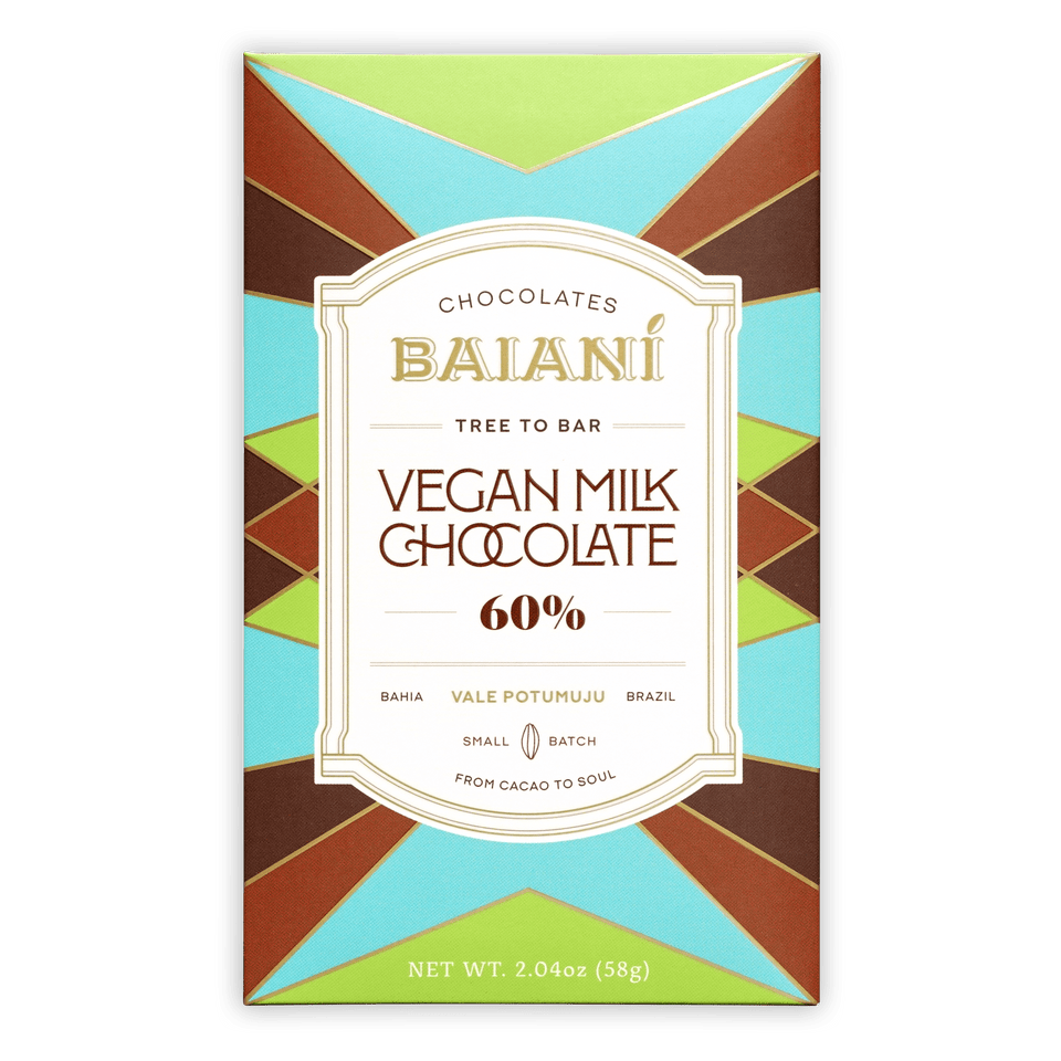 Baiani Vegan Milk Chocolate 60% bar wrapper with tree to bar label