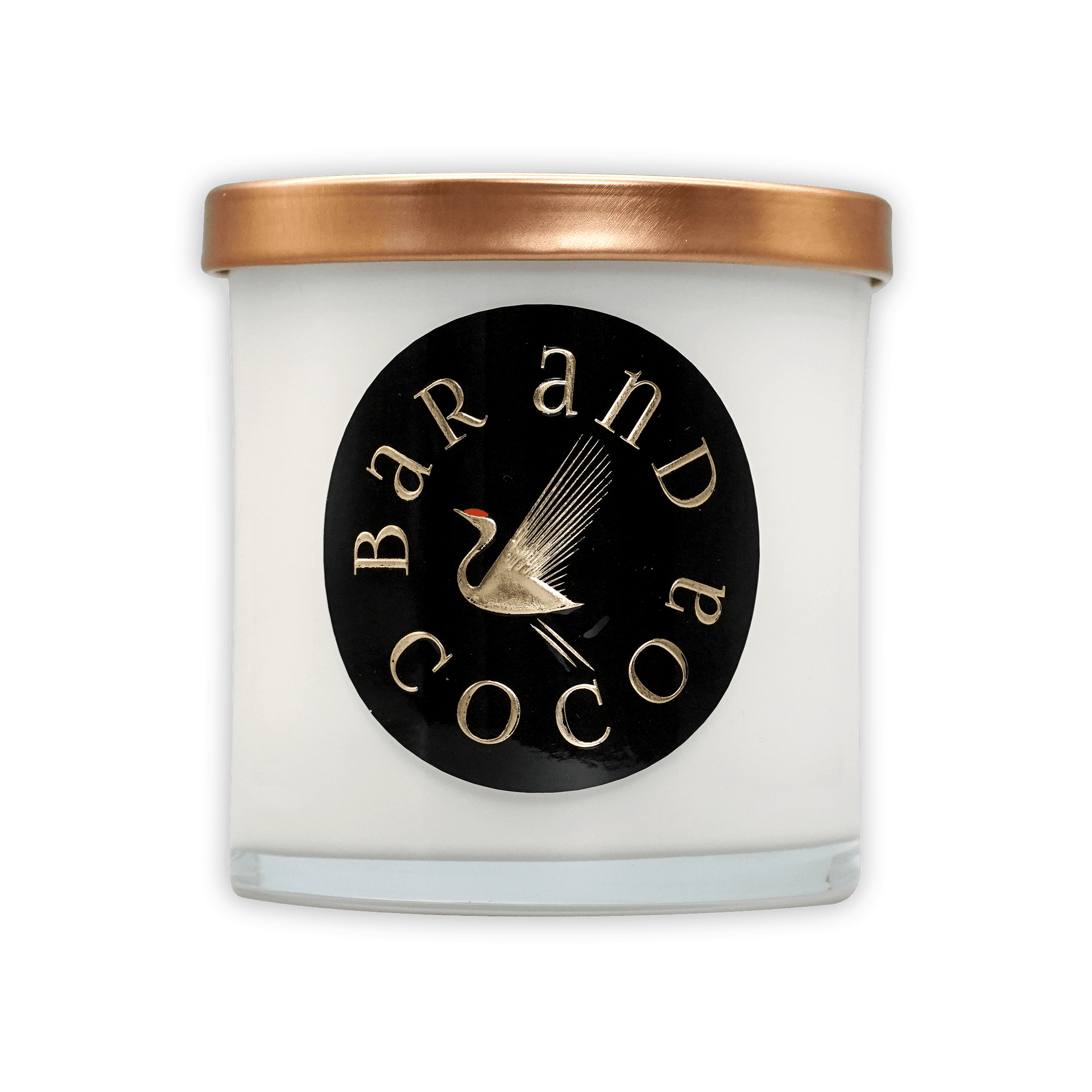 Bar & Cocoa Chocolate Candle jar with rose gold lid and gold bird logo