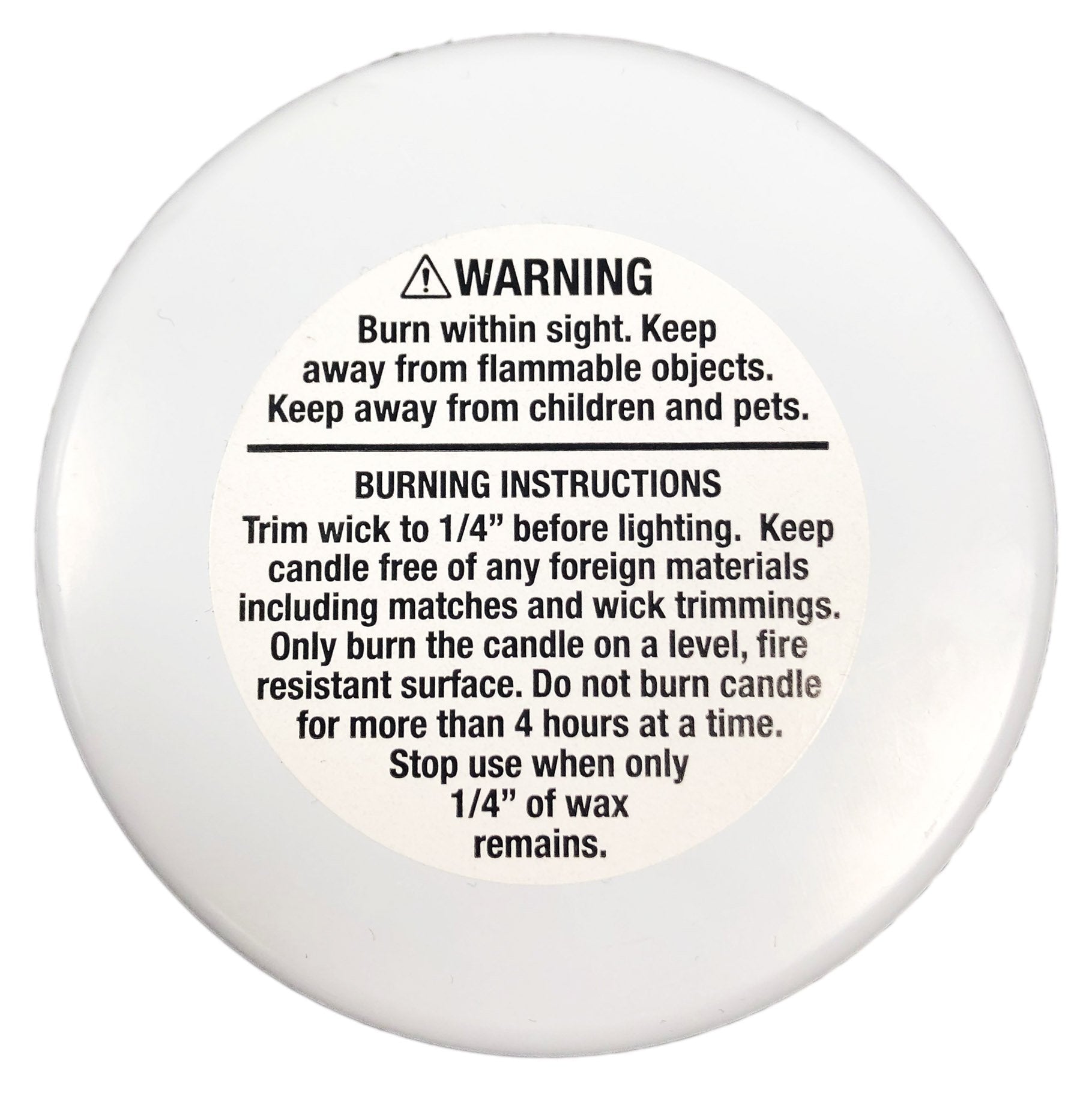 Back of Bar & Cocoa Chocolate Candle: white circular candle with printed warning and burning instructions label
