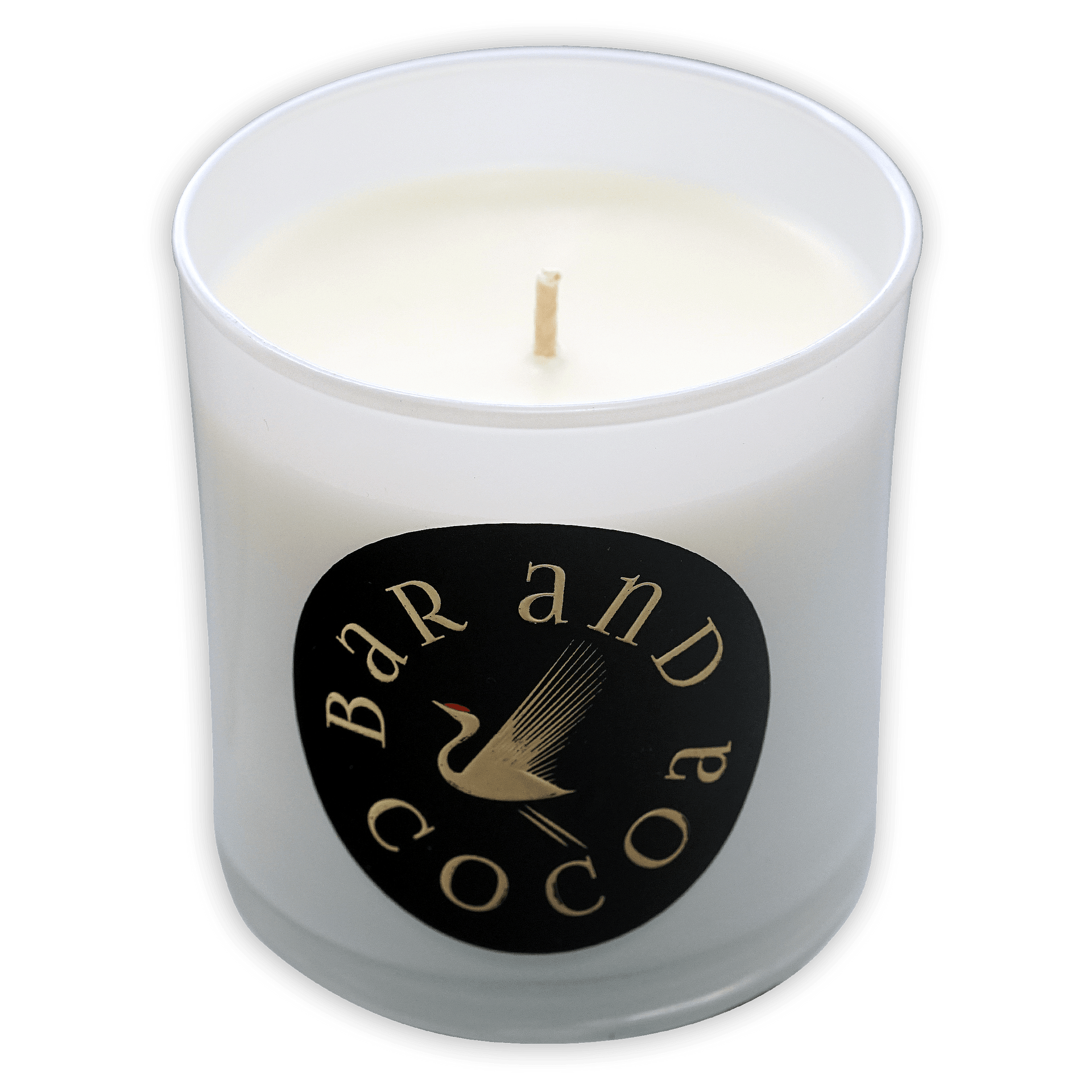 Bar & Cocoa Chocolate Candle in white frosted jar with gold bird label