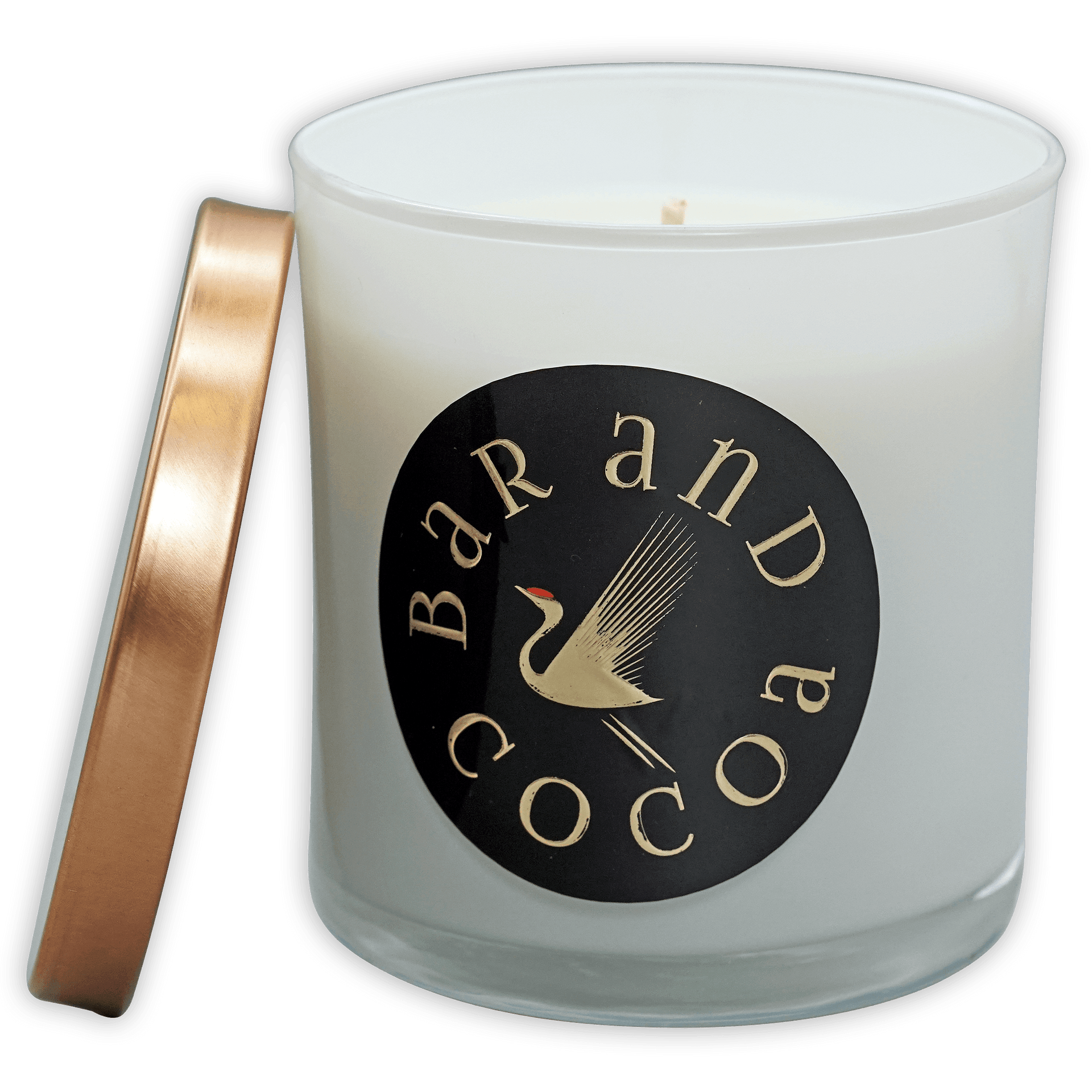 Bar & Cocoa chocolate candle in white frosted jar with rose gold lid