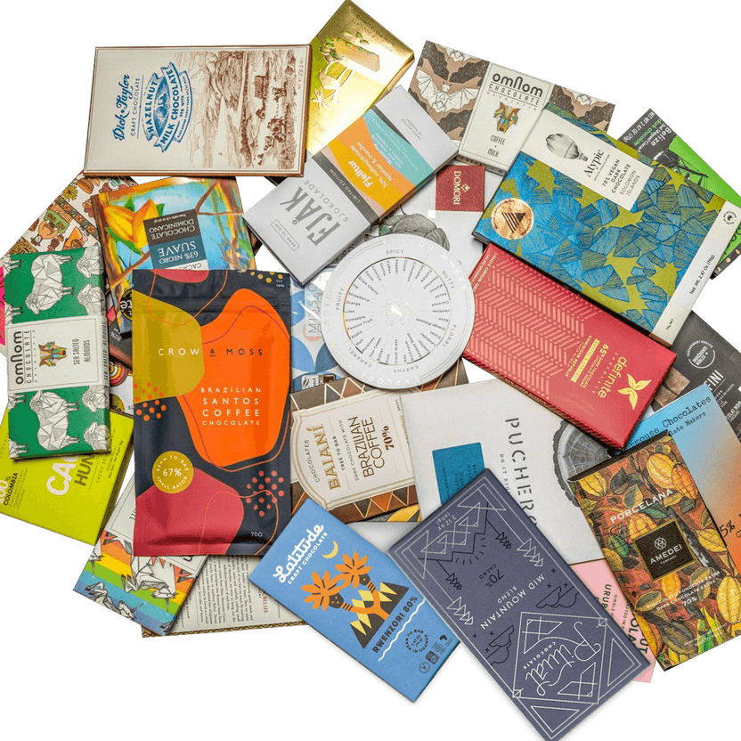 Bar & Cocoa Ultimate Chocolate Tote with 25 vibrant artisanal bars from Brazil