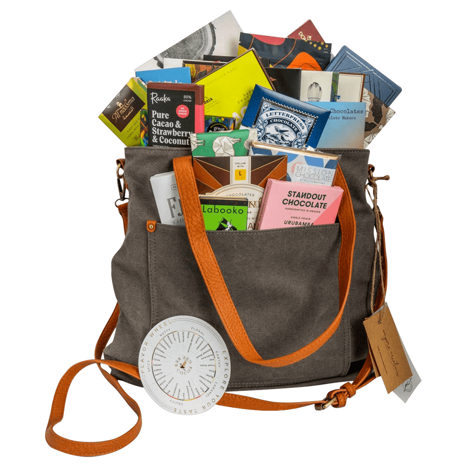 Gray canvas Bar & Cocoa Ultimate Chocolate Tote with orange leather straps holding 25 bars