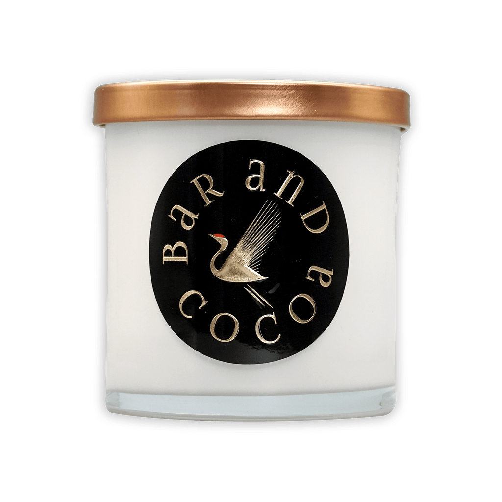 Bar & Cocoa Chocolate Candle jar with rose gold lid and gold bird logo