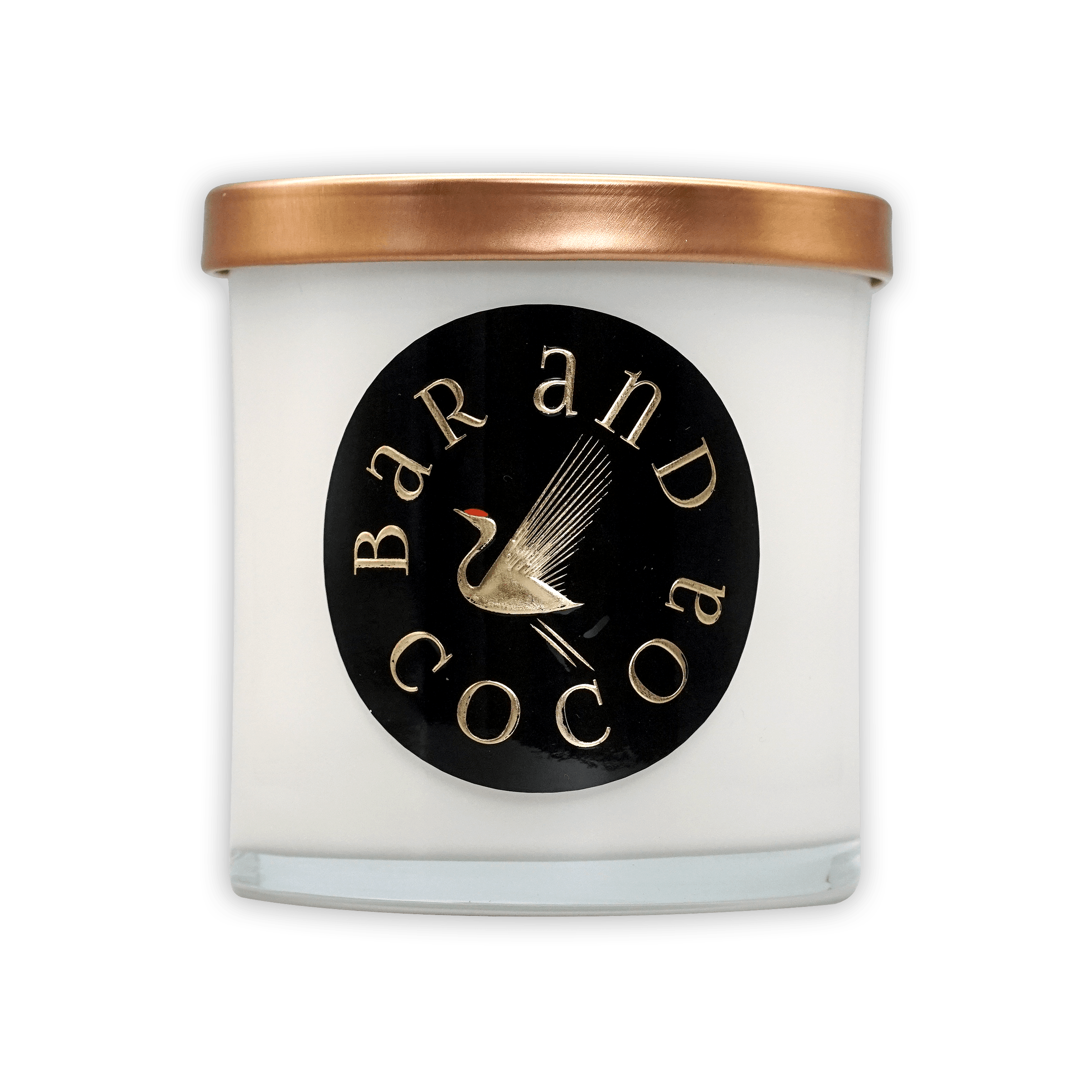 Bar & Cocoa Chocolate Candle jar with rose gold lid and gold bird logo