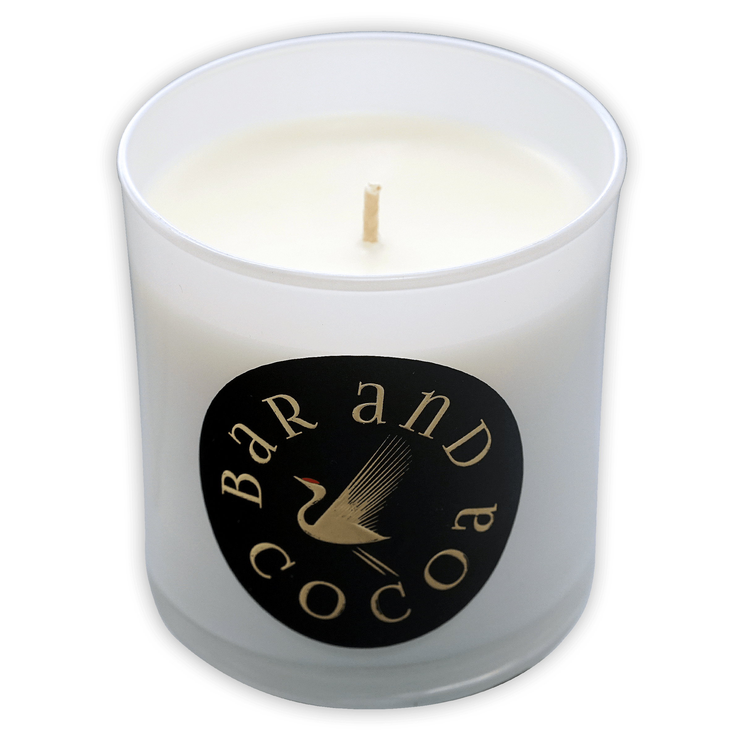 Bar & Cocoa Chocolate Candle in white frosted jar with gold bird label