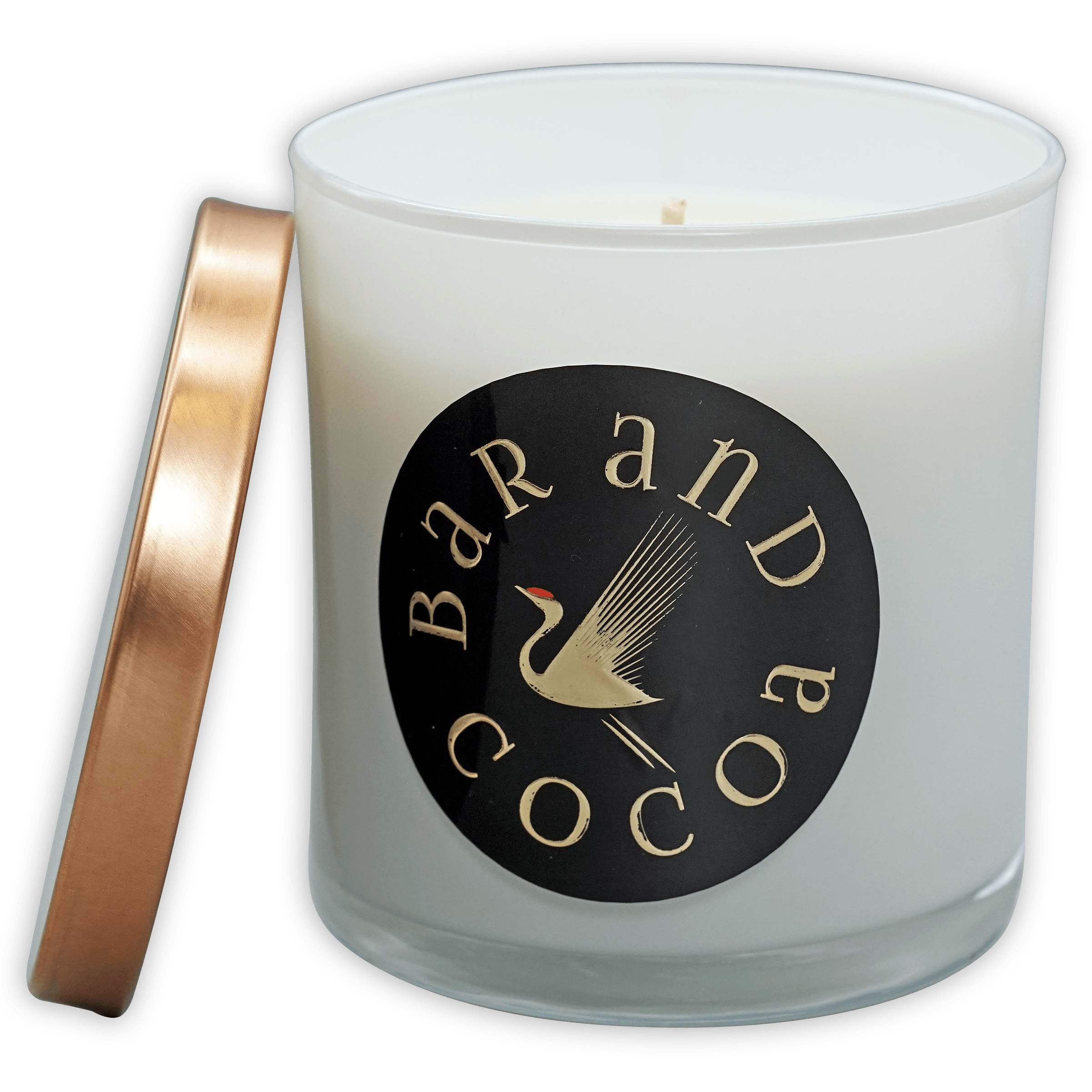 Bar & Cocoa chocolate candle in white frosted jar with rose gold lid