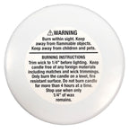 Back of Bar & Cocoa Chocolate Candle: white circular candle with printed warning and burning instructions label