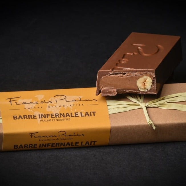 Pralus Infernale Milk Praline Bar with glossy chocolate and hazelnut filling