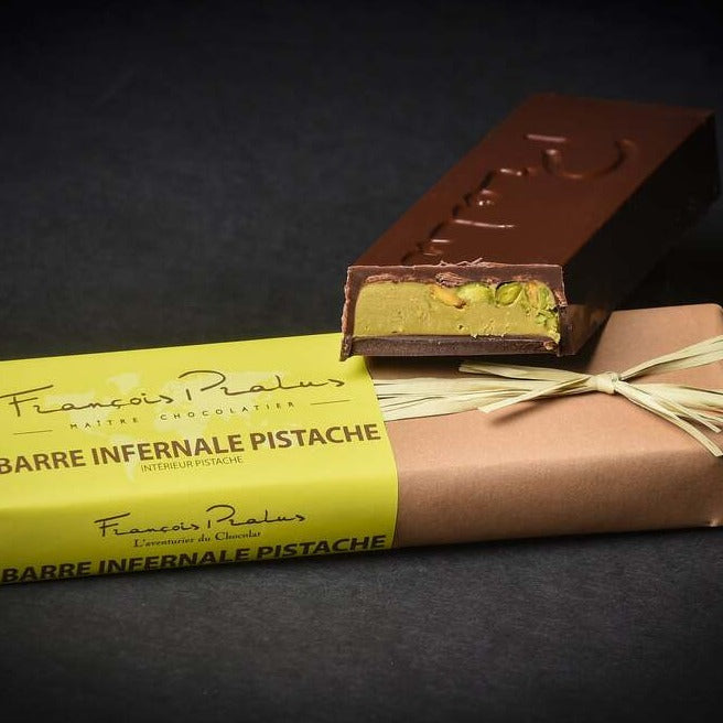 Pralus Infernale Pistache Praline Bar 75%: dark chocolate with pistachio filling