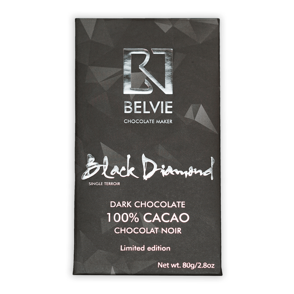 Belvie Black Diamond 100% cacao dark chocolate bar in sleek black packaging with silver foil accents