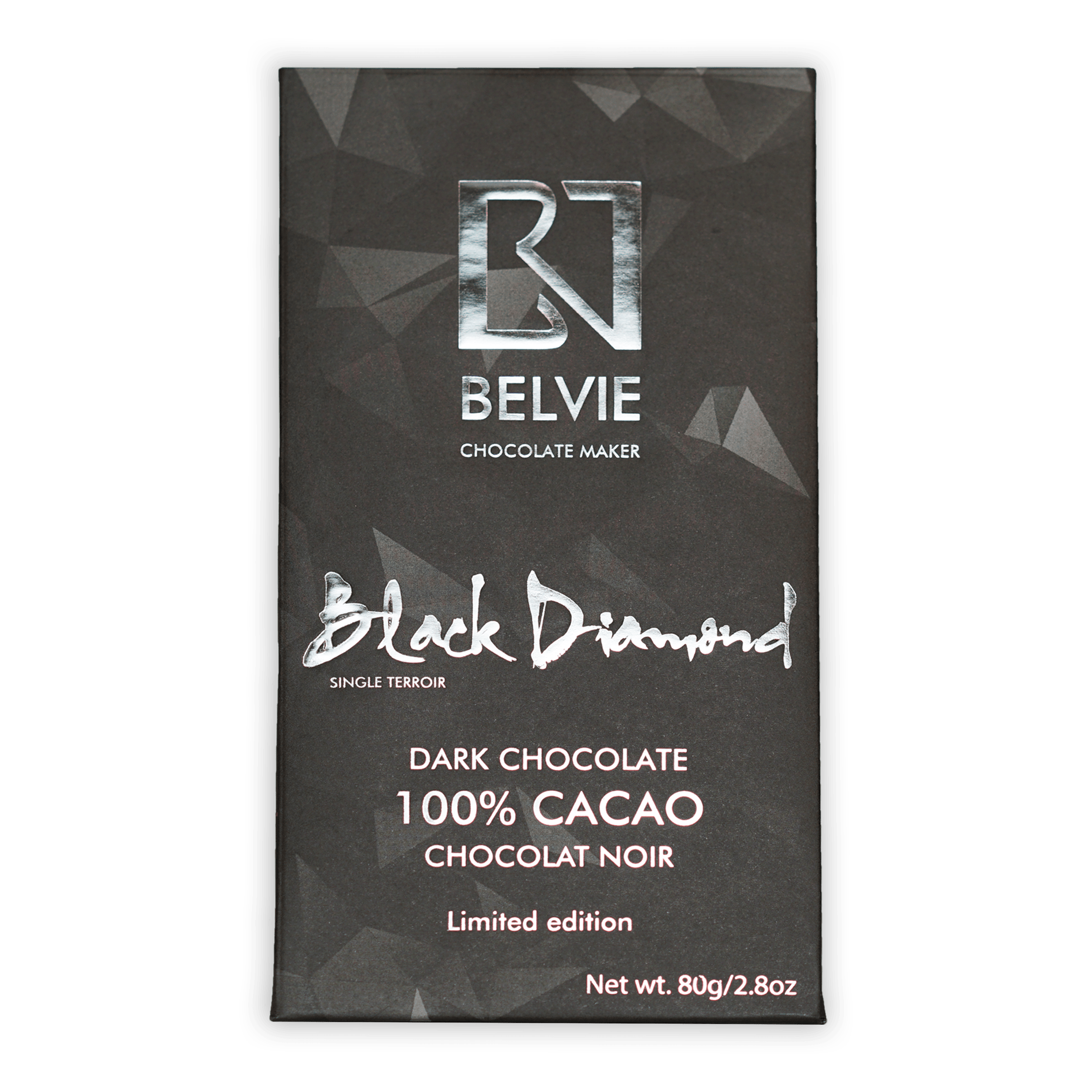 Belvie Black Diamond 100% cacao dark chocolate bar in sleek black packaging with silver foil accents