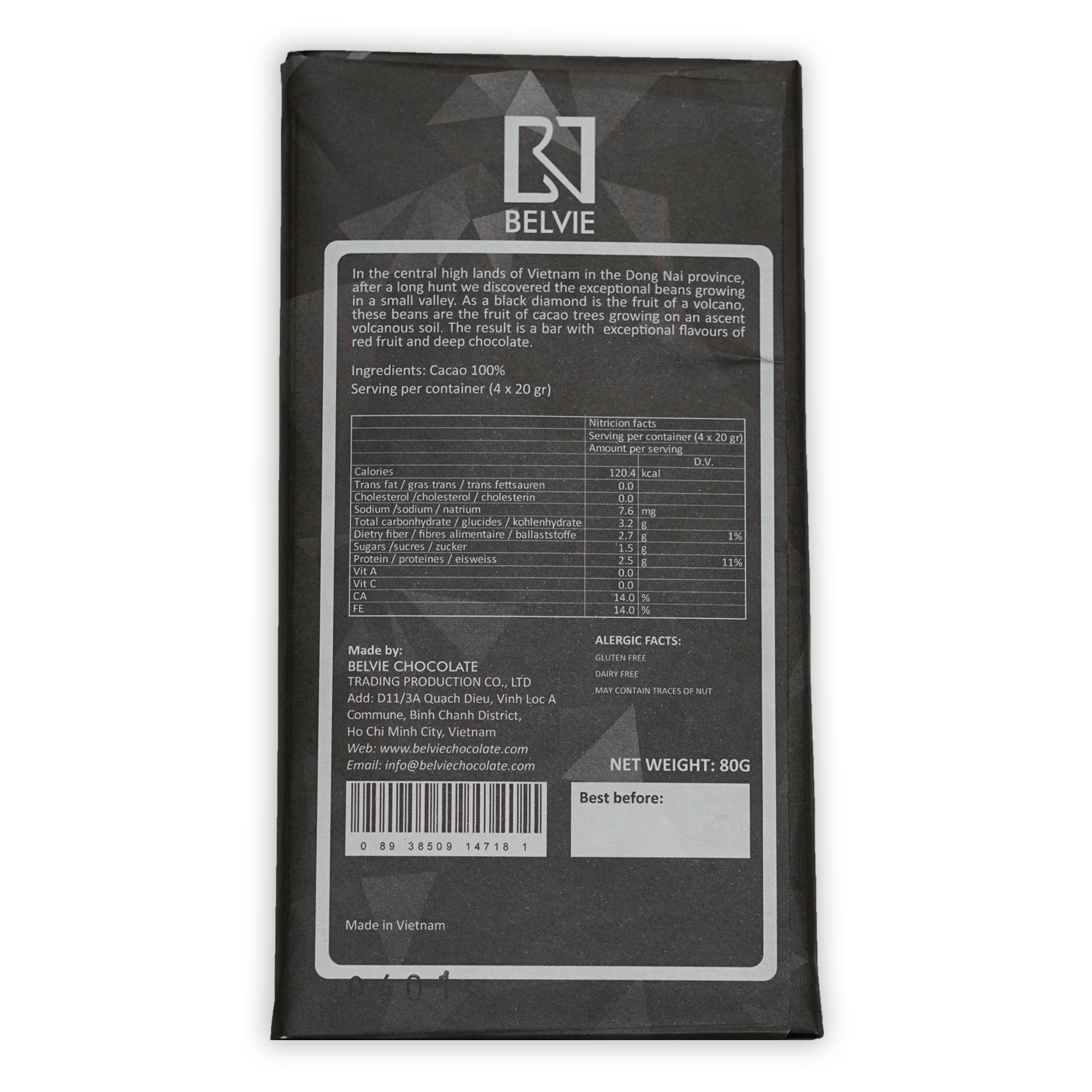 Belvie Black Diamond 100% chocolate bar wrapper with barcode
