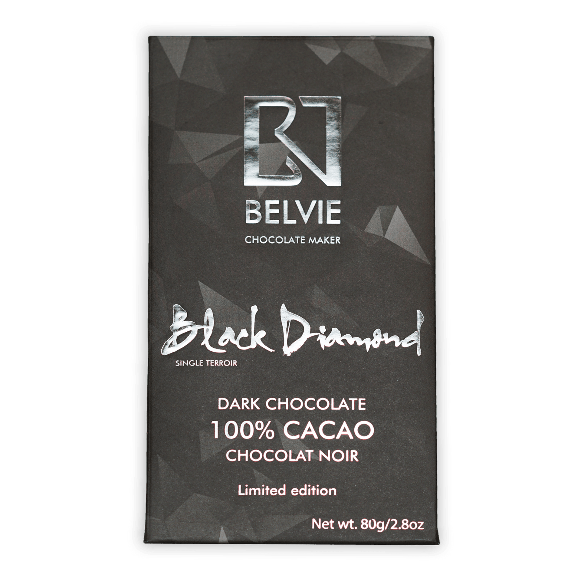 Belvie Black Diamond 100% cacao dark chocolate bar in sleek black packaging with silver foil accents