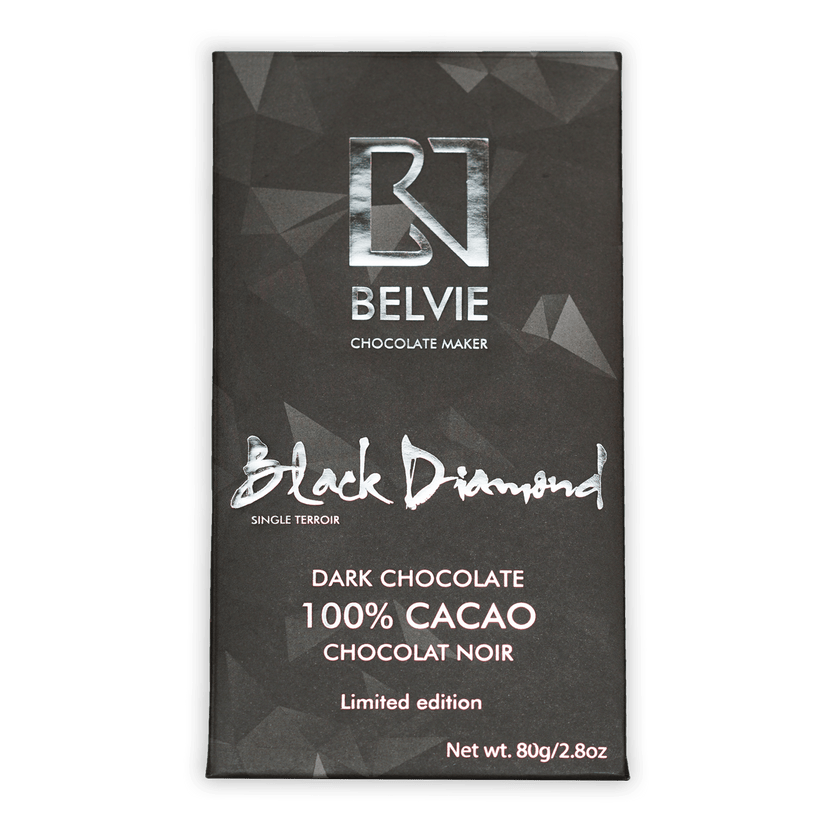 Belvie Black Diamond 100% cacao dark chocolate bar in sleek black packaging with silver foil accents