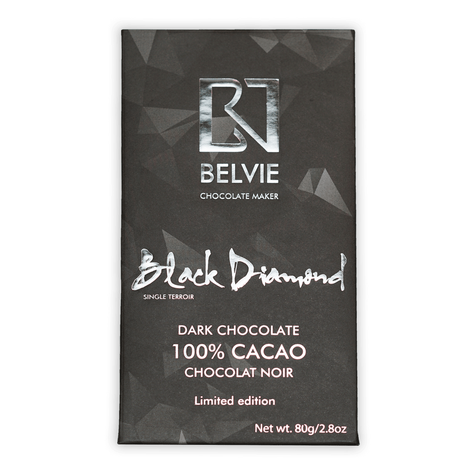 Belvie Black Diamond 100% cacao dark chocolate bar in sleek black packaging with silver foil accents