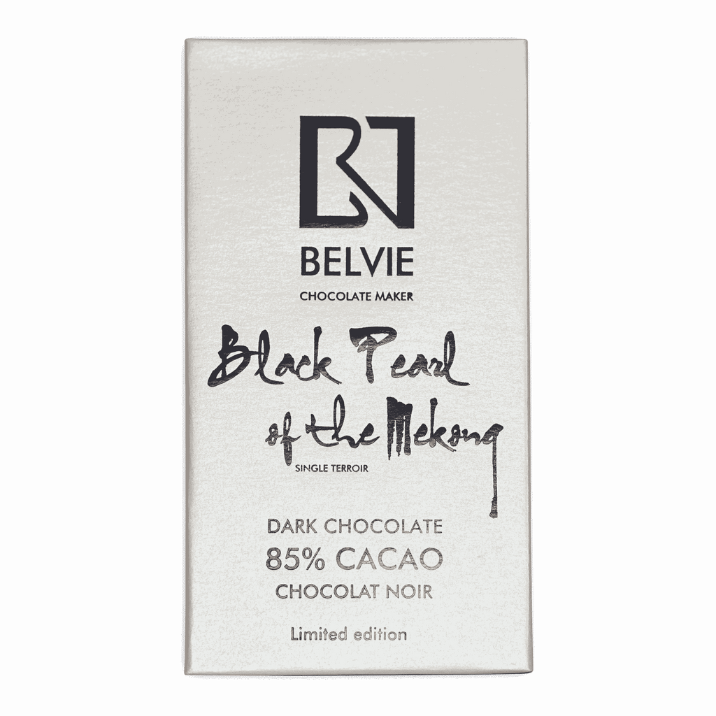 Belvie Black Pearl 85% sleek white bar wrapper with black typography