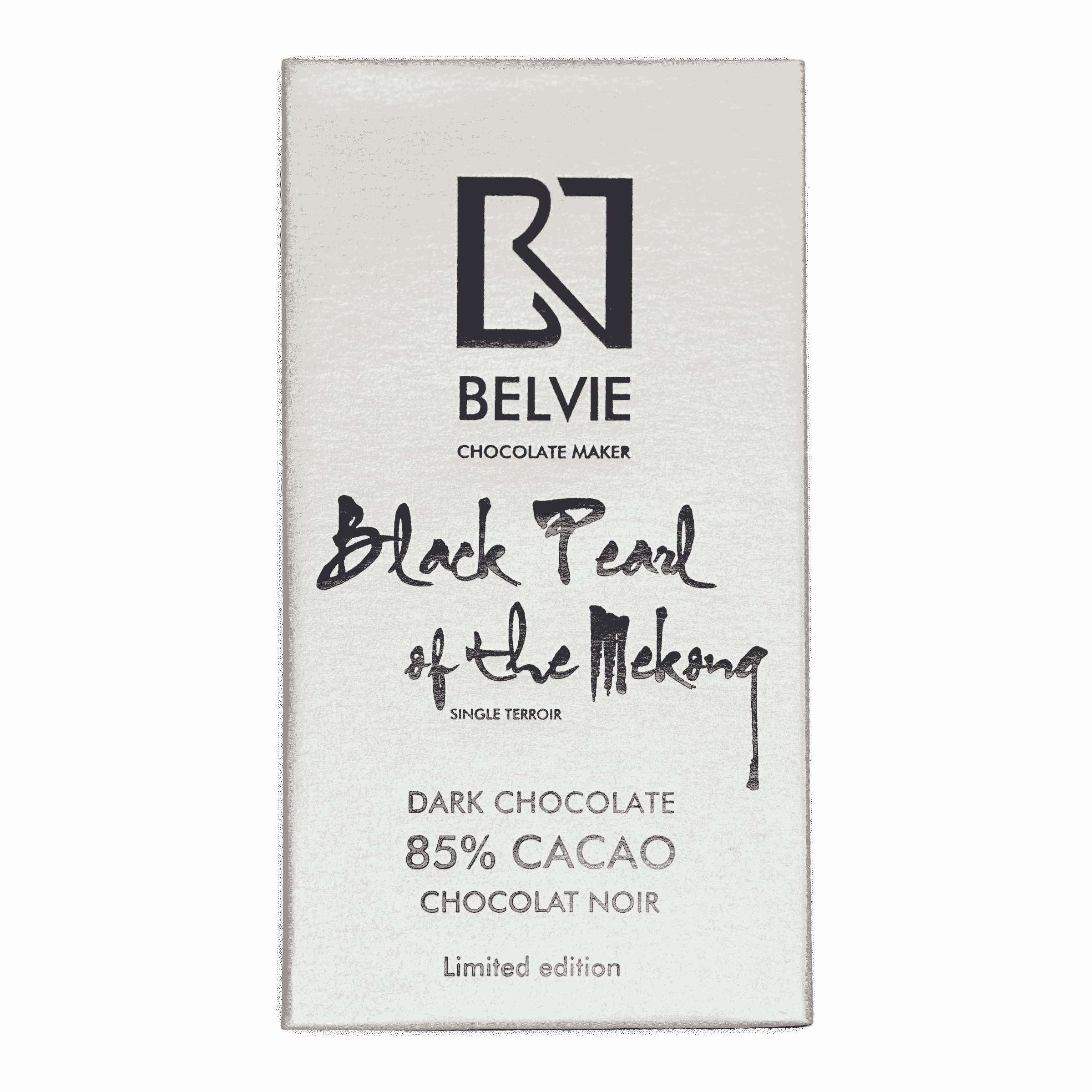 Belvie Black Pearl 85% sleek white bar wrapper with black typography