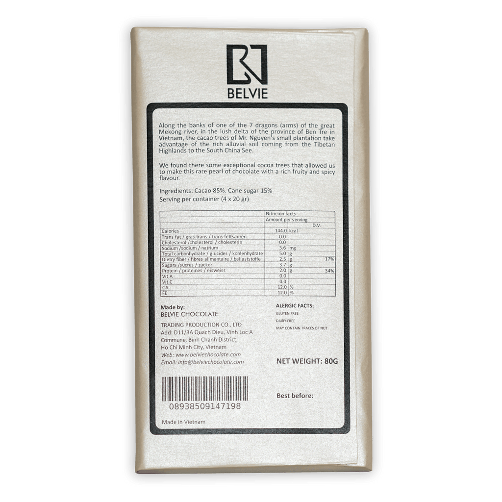 Belvie Black Pearl 85% chocolate bar in sleek white box