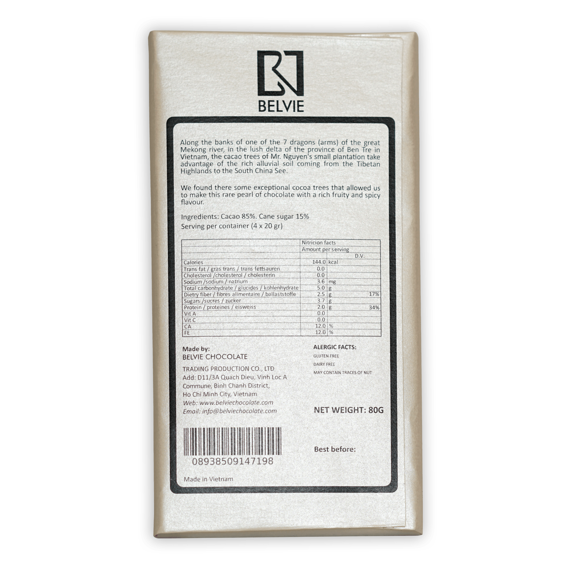 Belvie Black Pearl 85% chocolate bar in sleek white box