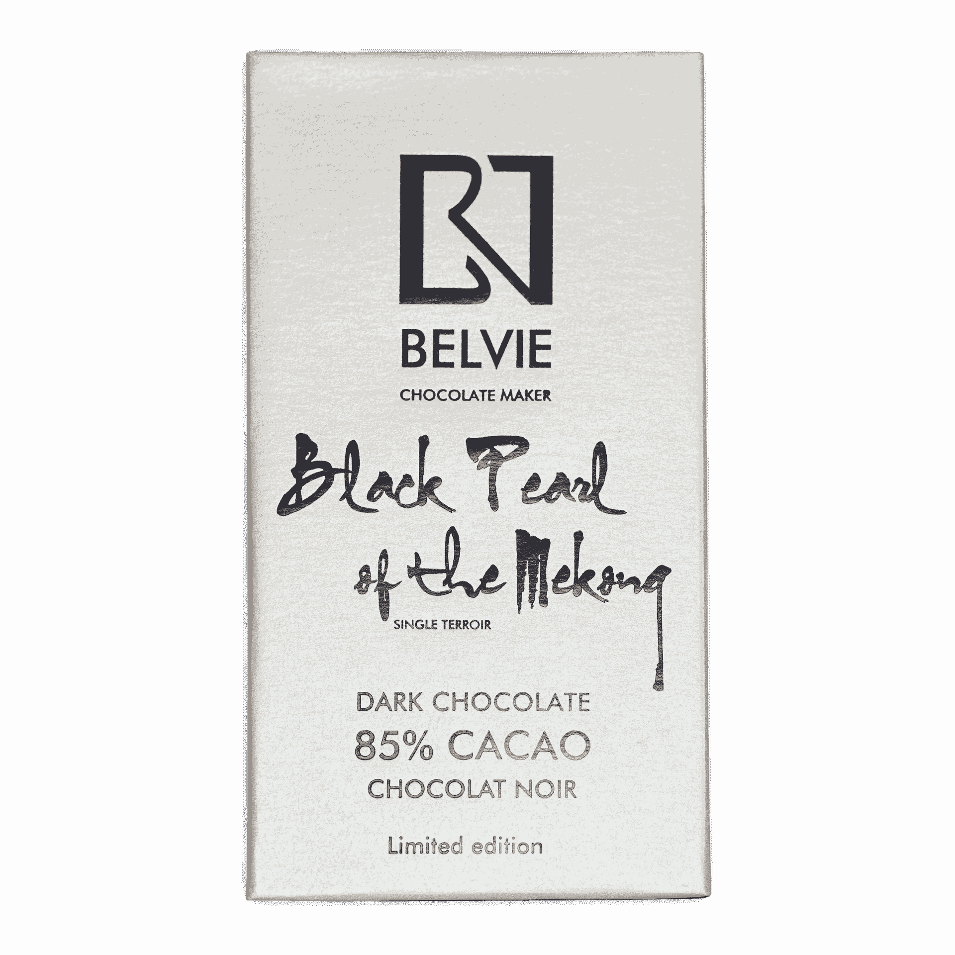Belvie Black Pearl 85% sleek white bar wrapper with black typography