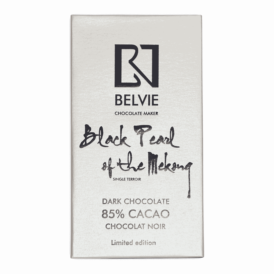 Belvie Black Pearl 85% sleek white bar wrapper with black typography