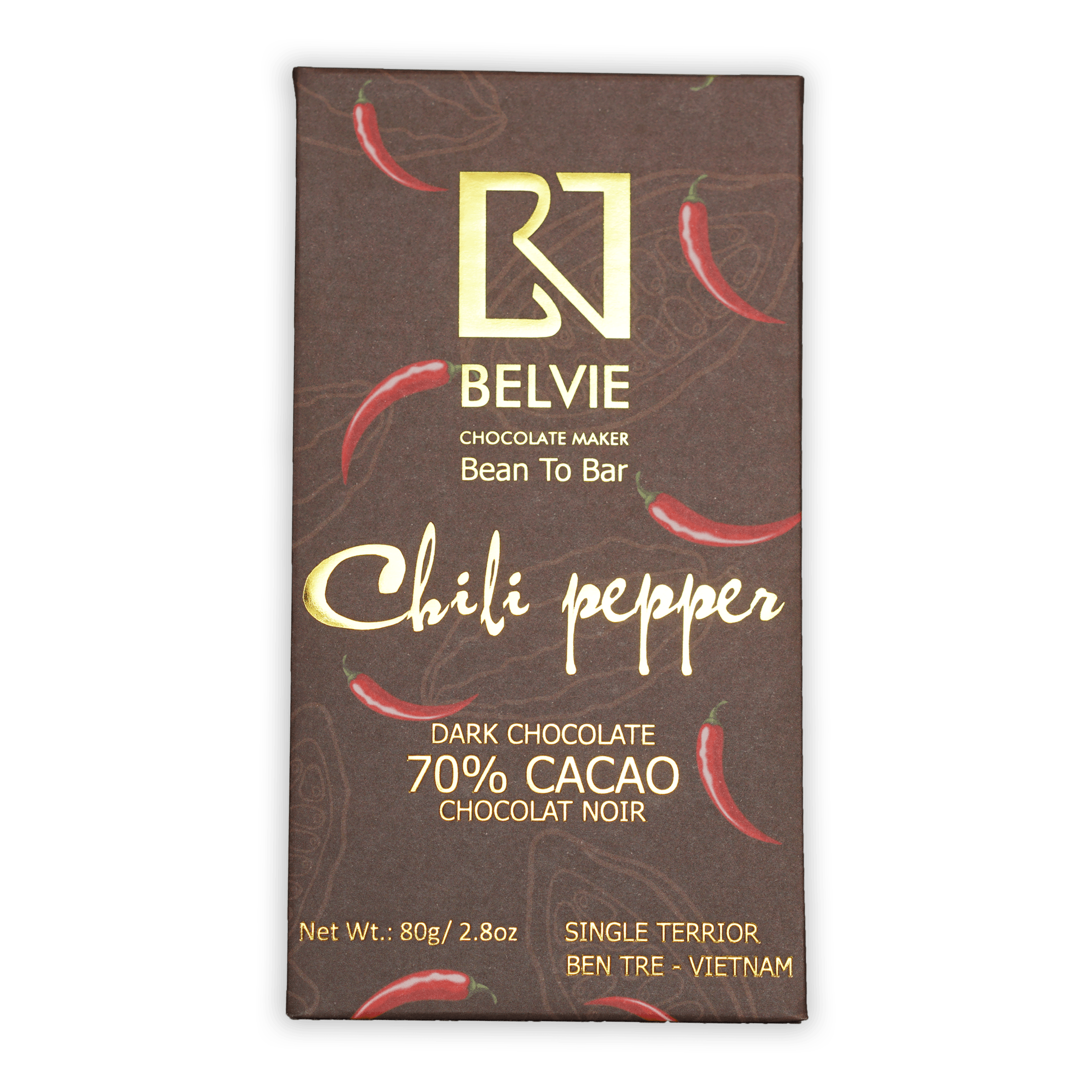 Belvie Chili Pepper Dark Chocolate 70% cacao bar with chili illustrations
