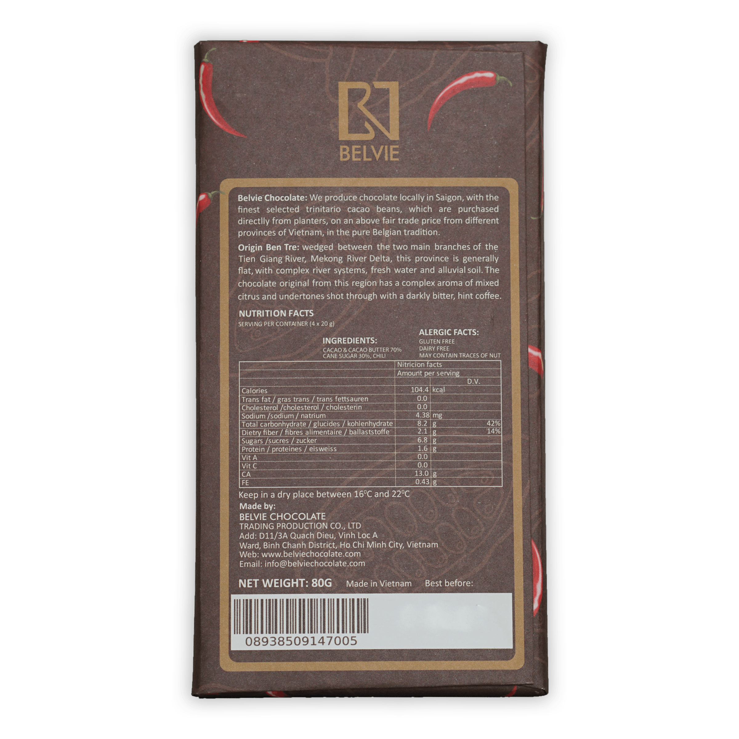 Belvie Chili Pepper Dark Chocolate 70% bar wrapper with red chili graphics