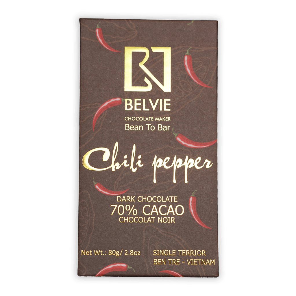 Belvie Chili Pepper Dark Chocolate 70% cacao bar with chili illustrations