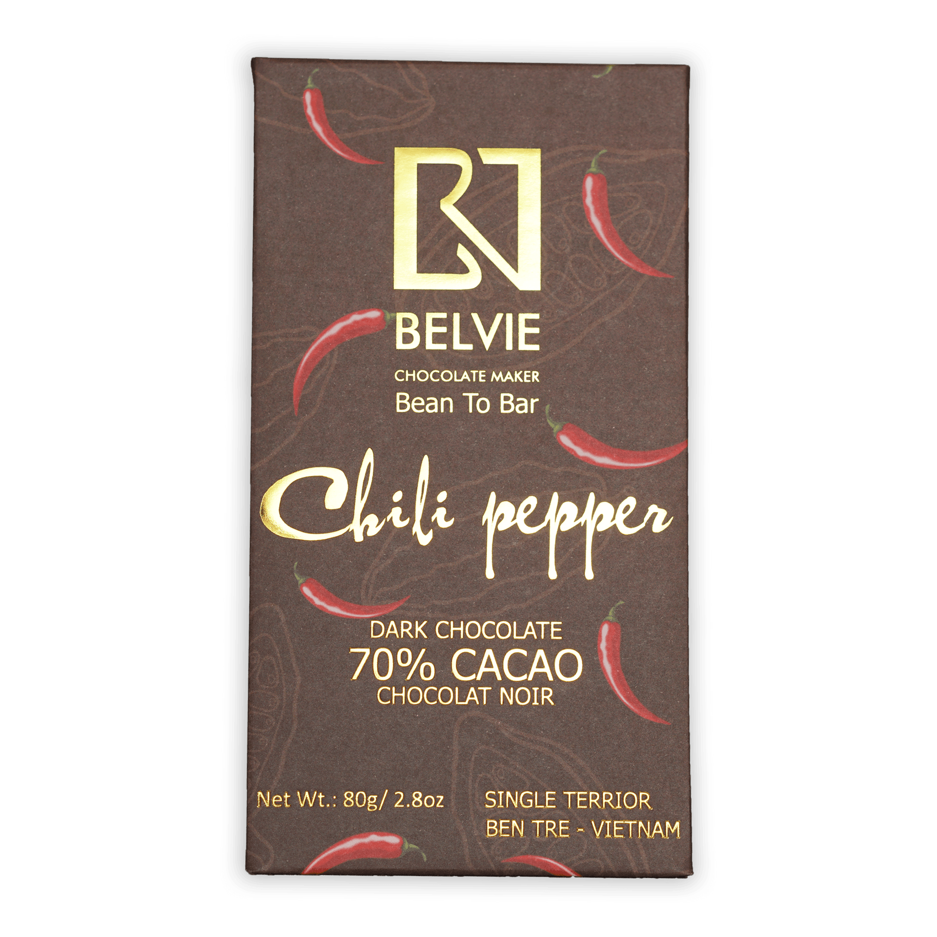Belvie Chili Pepper Dark Chocolate 70% cacao bar with chili illustrations