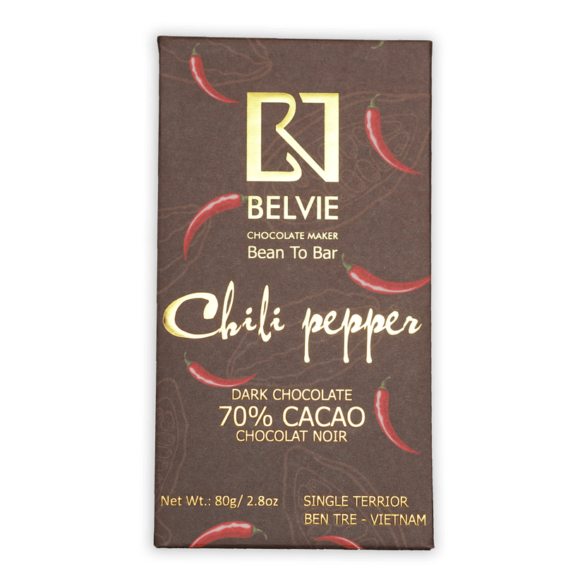 Belvie Chili Pepper Dark Chocolate 70% cacao bar with chili illustrations