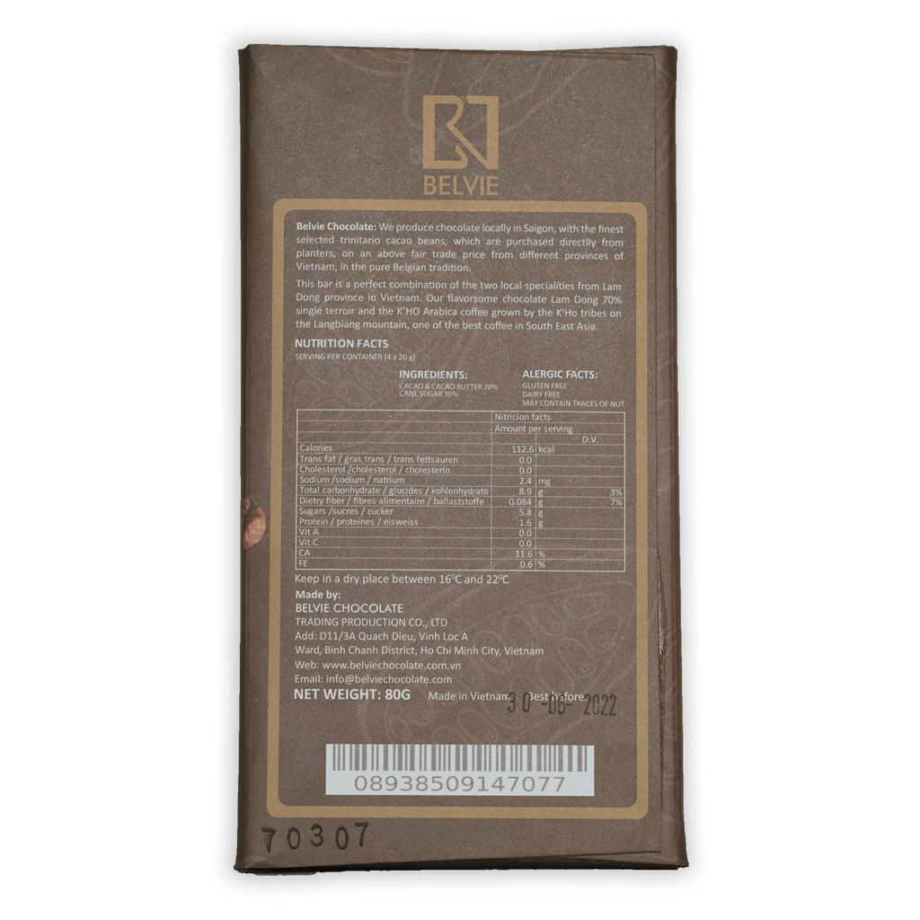 Belvie Coffee GMV 70% brown chocolate bar wrapper with gold logo and nutrition facts