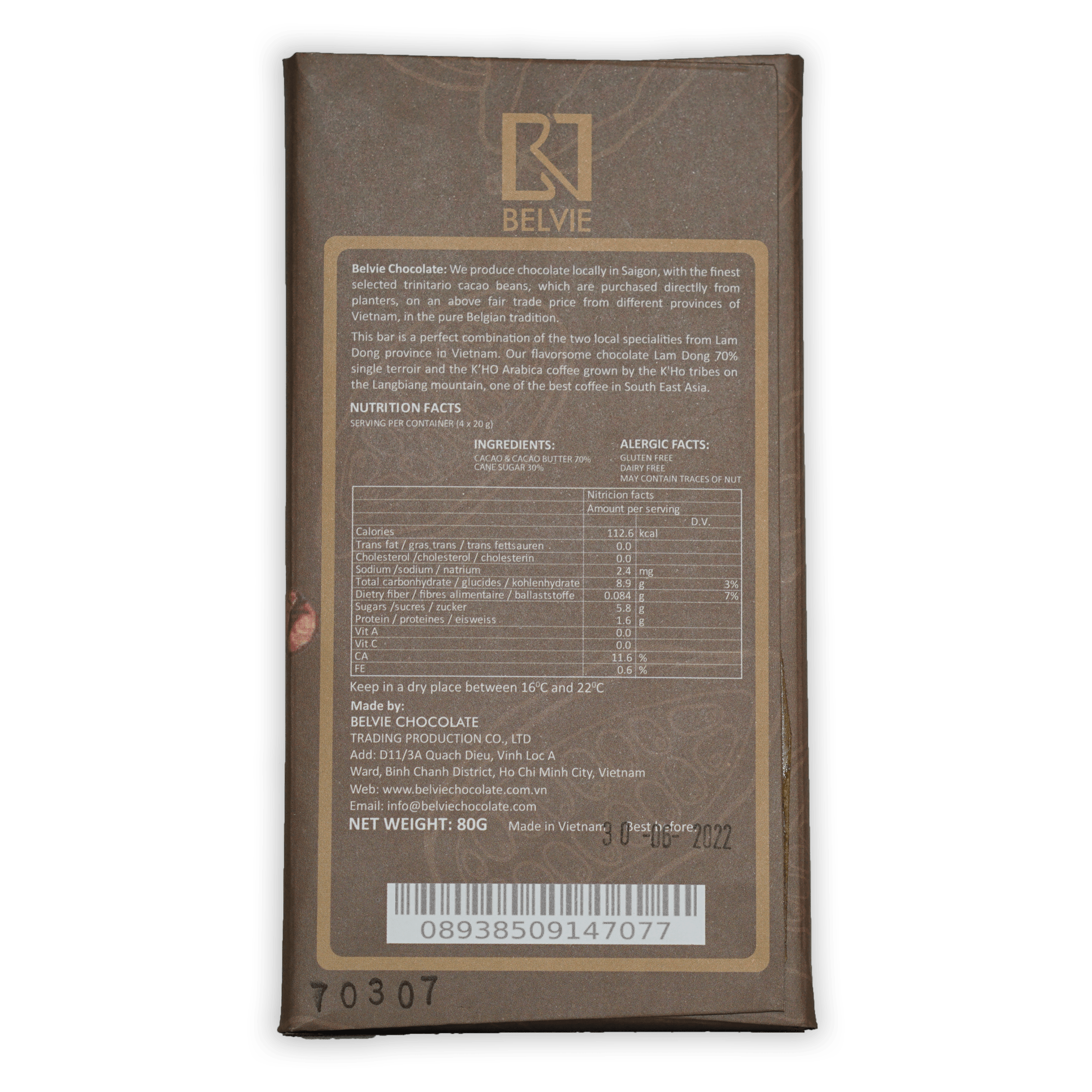 Belvie Coffee GMV 70% brown chocolate bar wrapper with gold logo and nutrition facts
