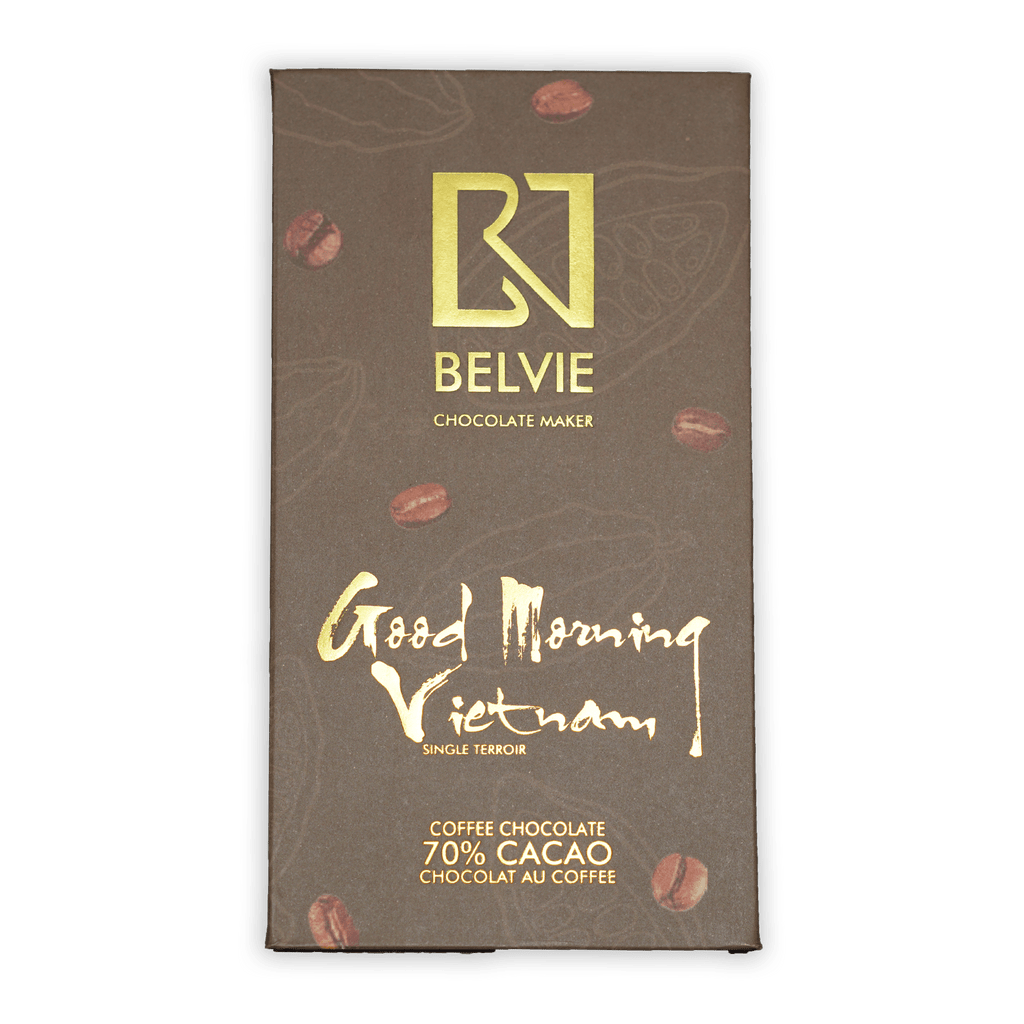 Belvie Coffee GMV 70% dark chocolate bar wrapper with gold lettering