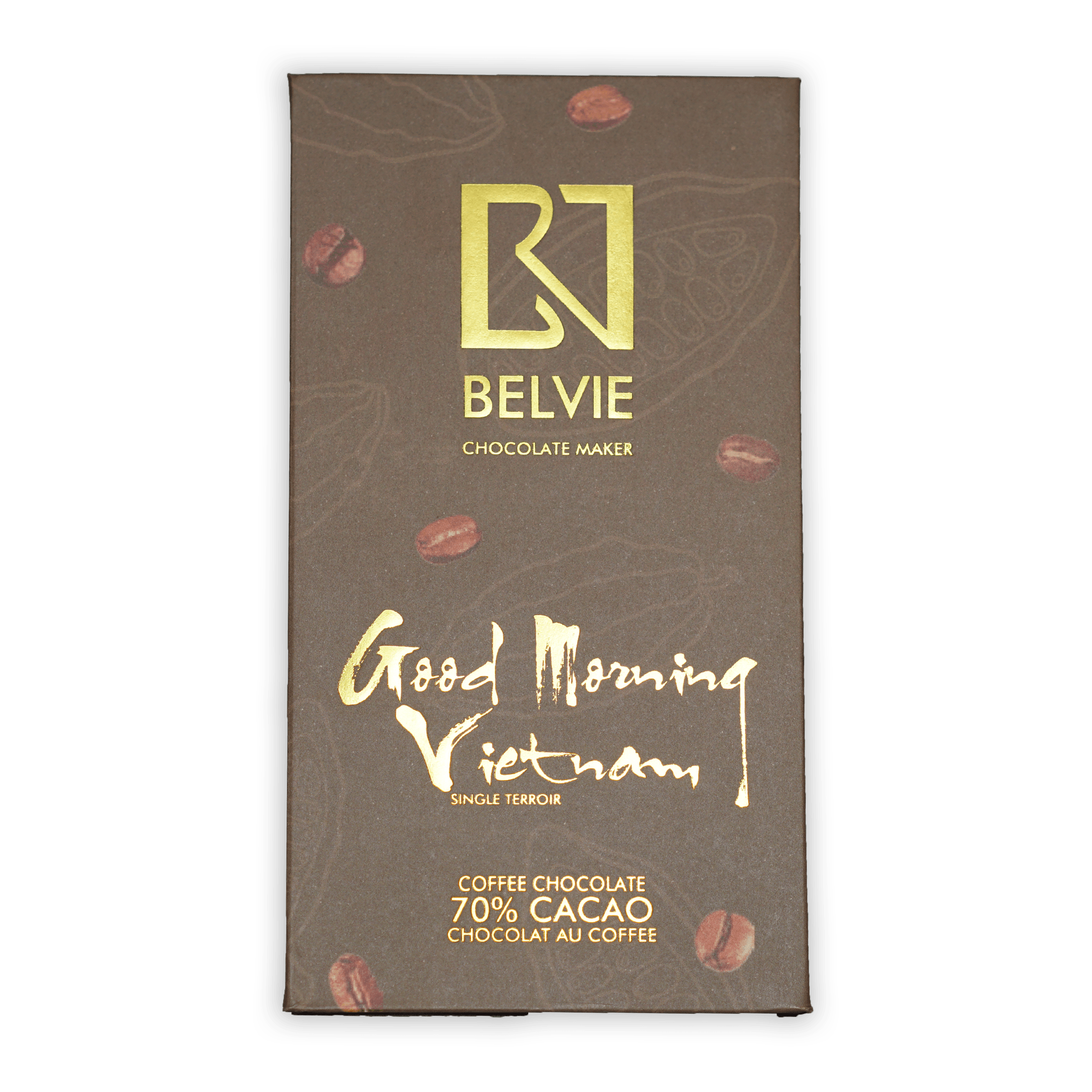 Belvie Coffee GMV 70% dark chocolate bar wrapper with gold lettering