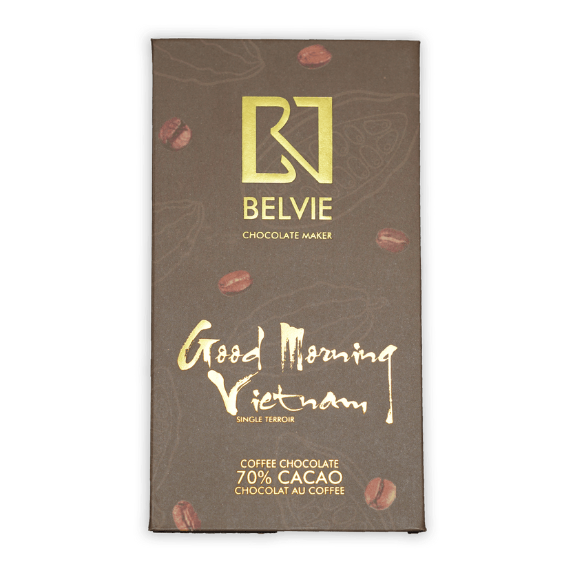 Belvie Coffee GMV 70% dark chocolate bar wrapper with gold lettering