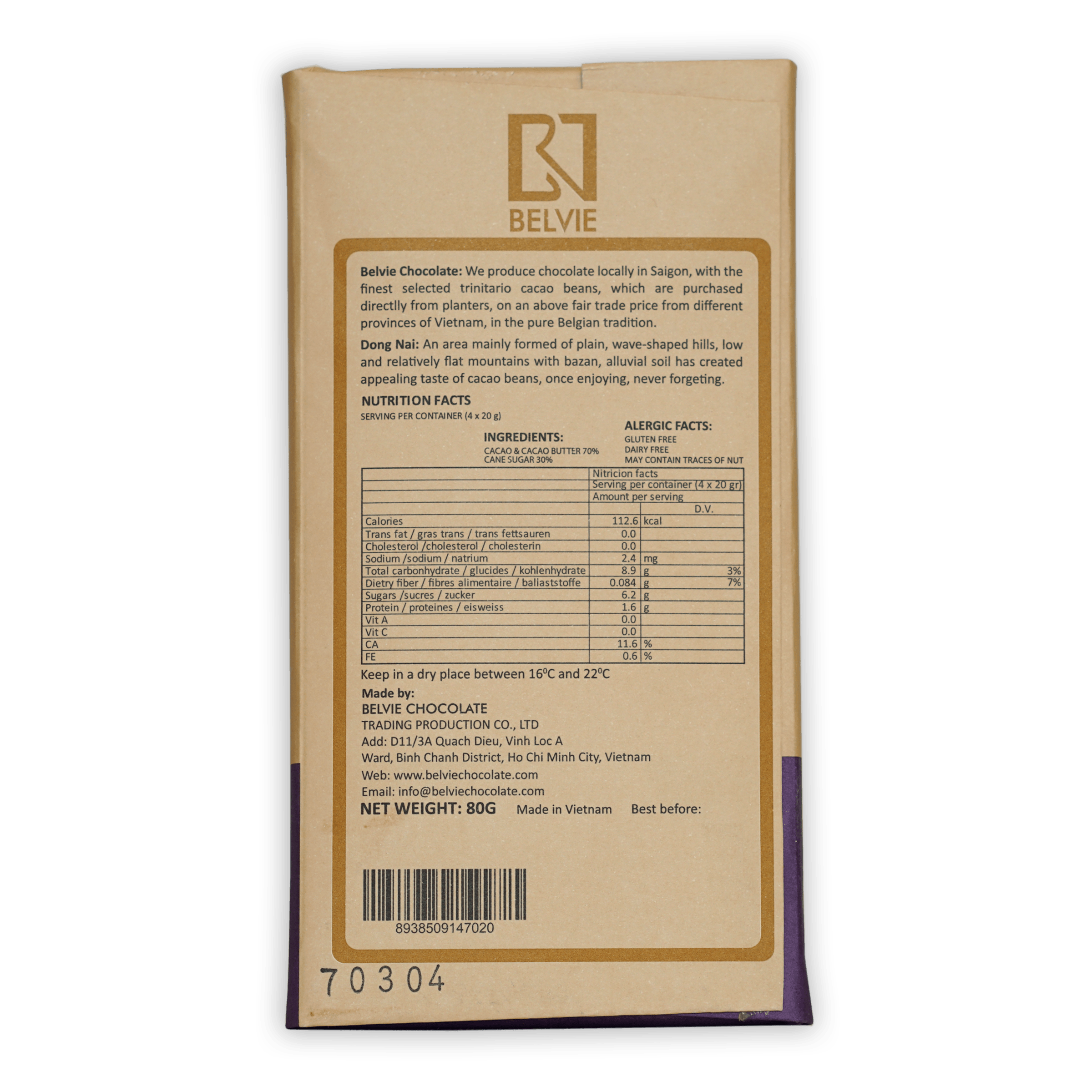 Belvie Dong Nai 70% chocolate bar in beige purple wrapper with gold foil