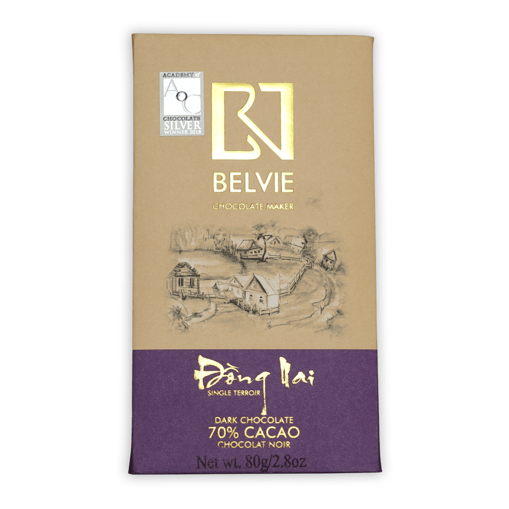 Belvie Dong Nai 70% chocolate bar in beige purple wrapper with village sketch