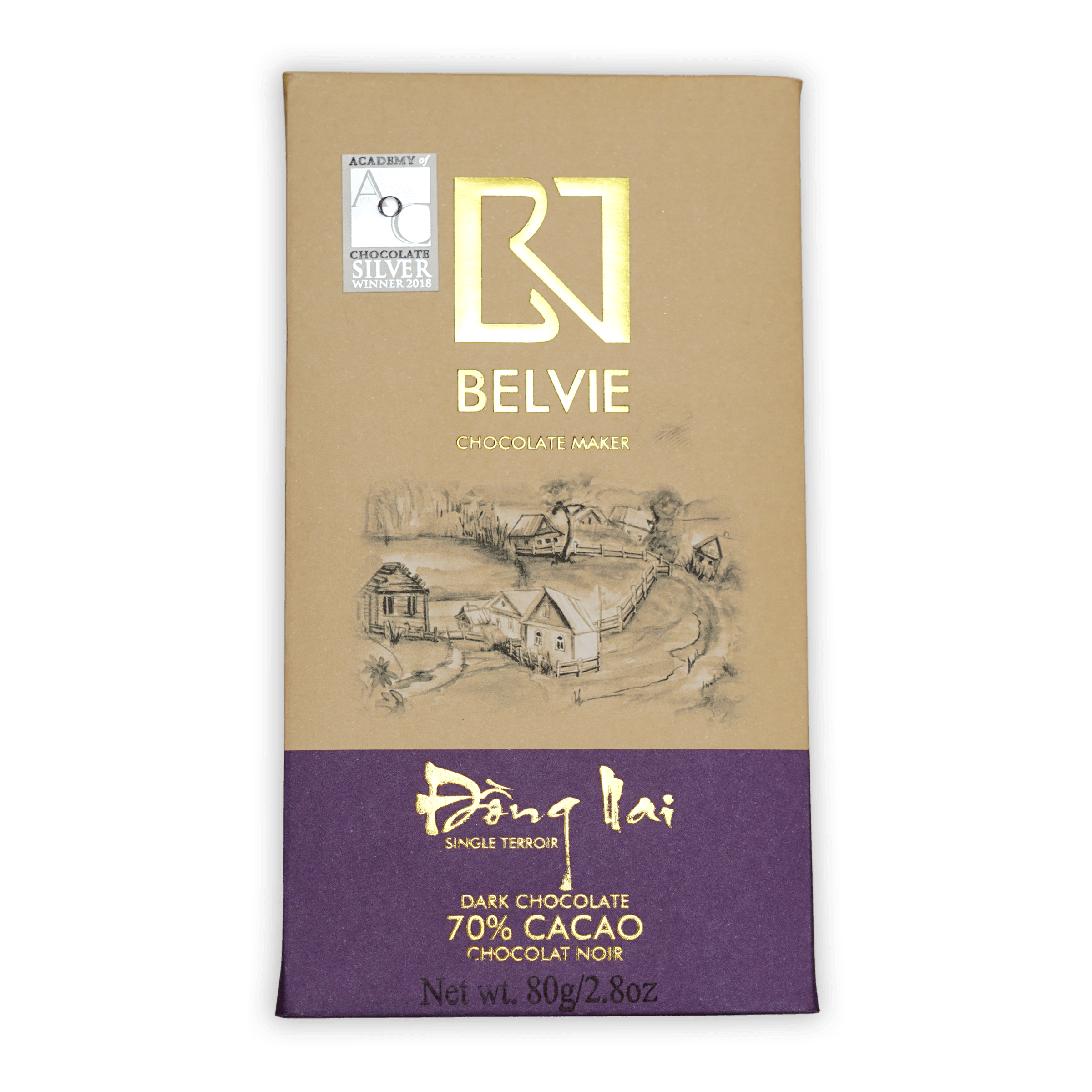 Belvie Dong Nai 70% chocolate bar in beige purple wrapper with village sketch
