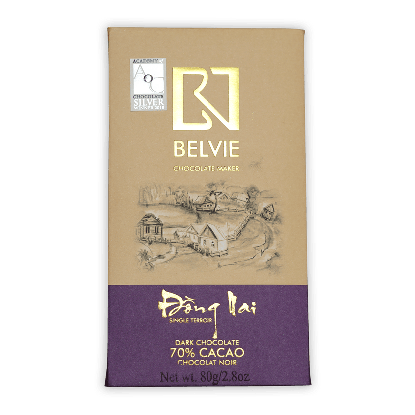 Belvie Dong Nai 70% chocolate bar in beige purple wrapper with village sketch