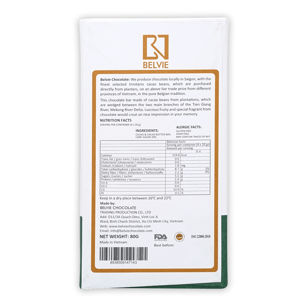Belvie Hao Moc 80% chocolate bar with white green wrapper gold trim Vietnam trinitario cacao