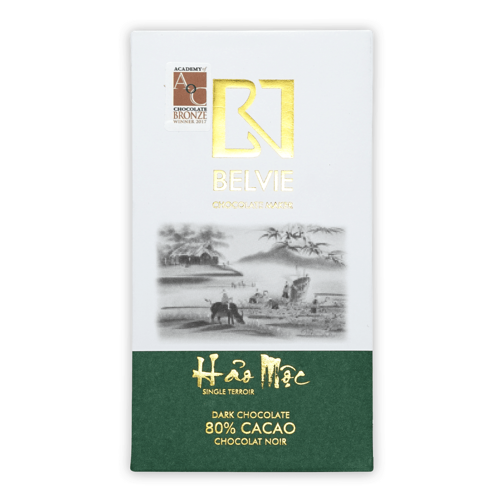 Belvie Hao Moc 80% chocolate malt bar in white green wrapper with tropical scene