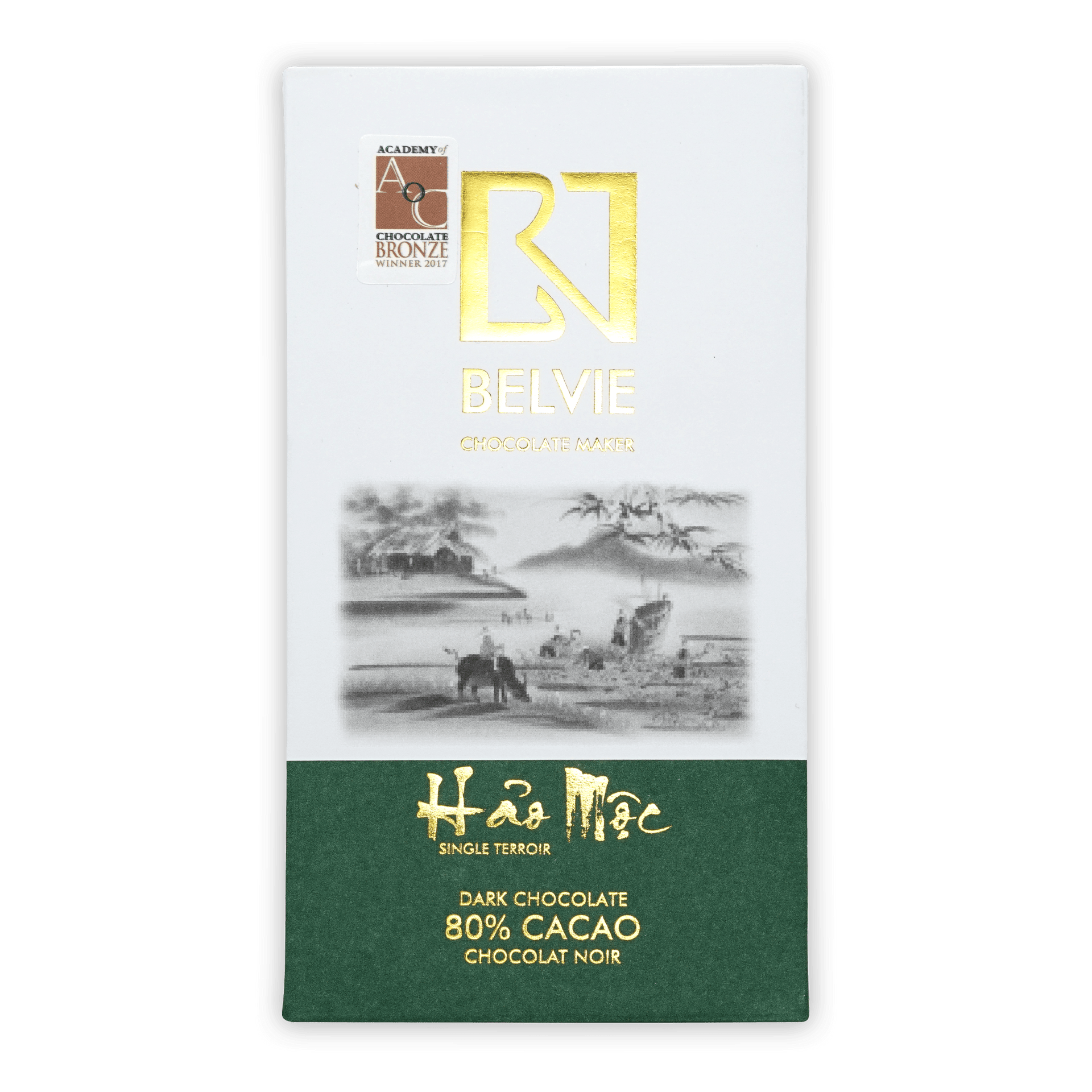 Belvie Hao Moc 80% chocolate malt bar in white green wrapper with tropical scene