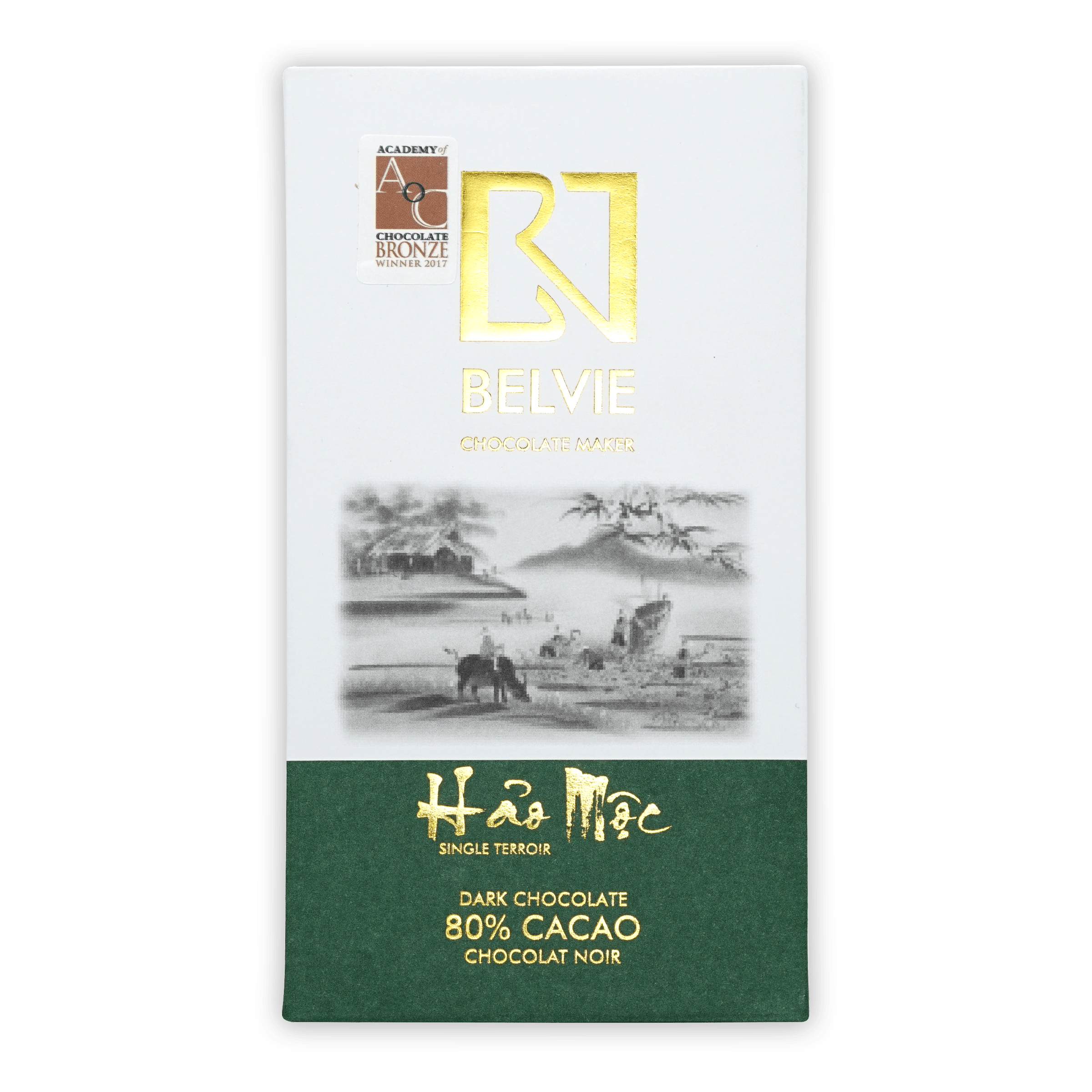 Belvie Hao Moc 80% chocolate malt bar in white green wrapper with tropical scene