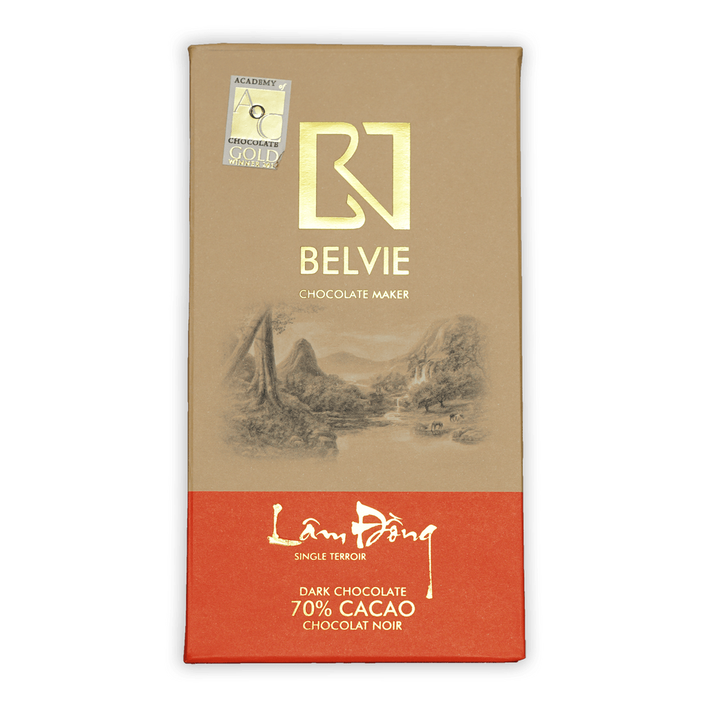 Belvie Lam Dong 70% dark chocolate bar with beige orange landscape wrapper