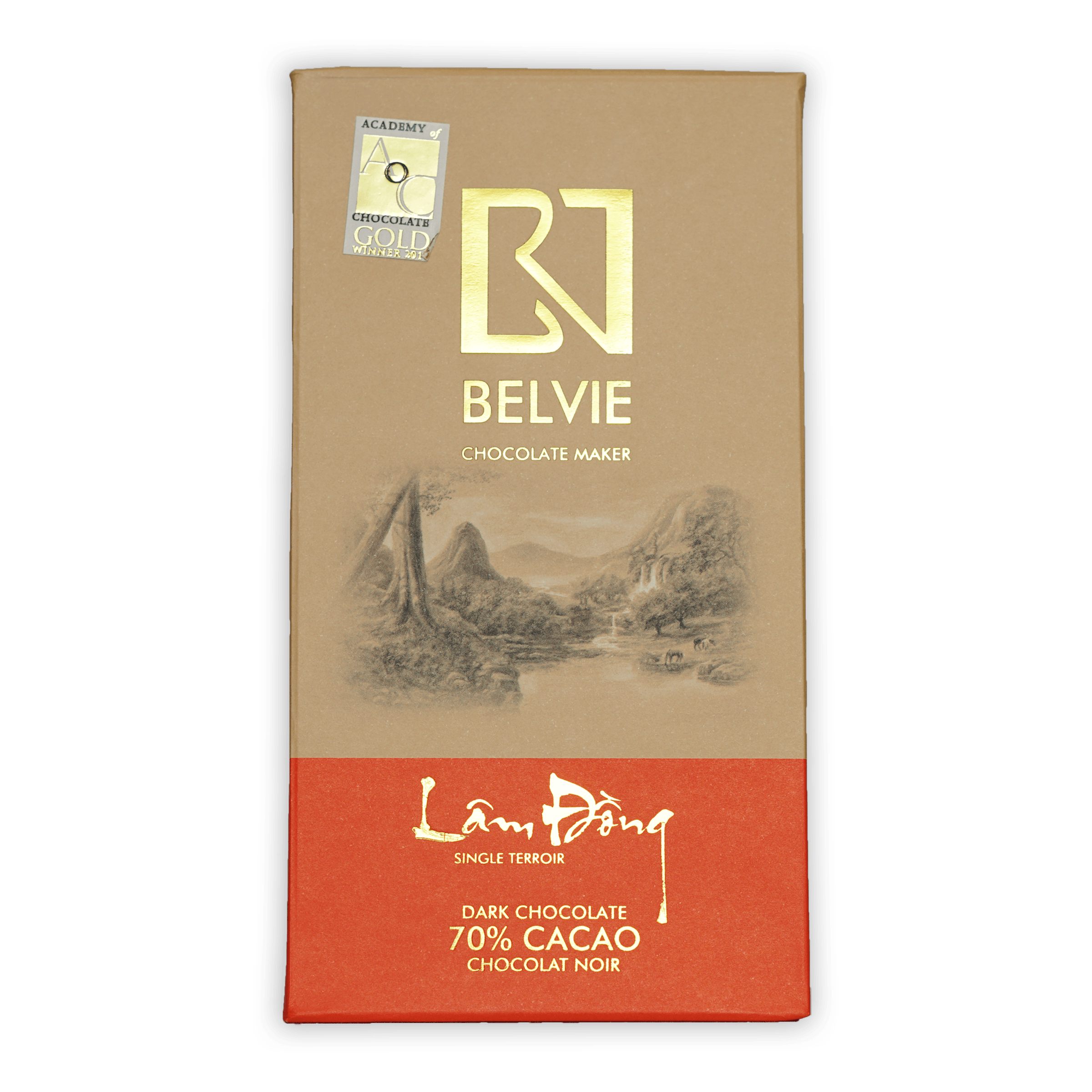 Belvie Lam Dong 70% dark chocolate bar with beige orange landscape wrapper