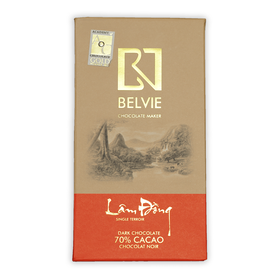 Belvie Lam Dong 70% dark chocolate bar with beige orange landscape wrapper
