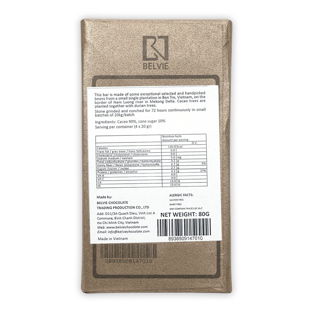 Belvie Noir Dark 90% chocolate bar textured gold wrapper back with nutrition label