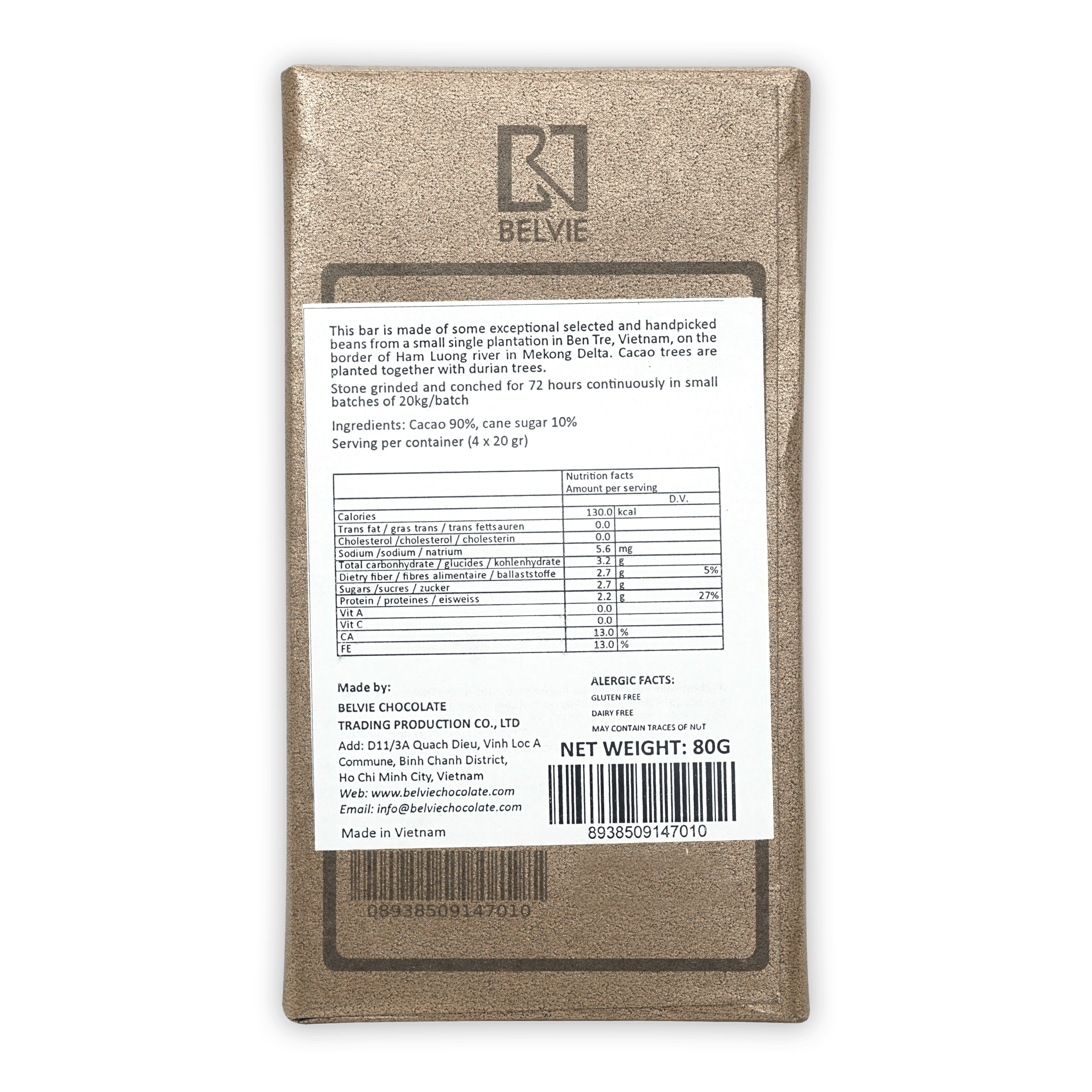 Belvie Noir Dark 90% chocolate bar textured gold wrapper back with nutrition label